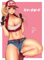 Rule 34 | 1girl, absurdres, baseball cap, blonde hair, blue eyes, border, bracelet, breasts, character name, cleavage, commentary request, cross-laced footwear, denim, fingerless gloves, genderswap, genderswap (mtf), gloves, hat, hifumi (art sky littel), highres, jacket, jewelry, large breasts, lips, long hair, midriff, navel, panties, pink background, ponytail, red jacket, red panties, shoes, simple background, sneakers, snk, snk heroines: tag team frenzy, solo, terry bogard, the king of fighters, thick thighs, thighs, underwear, white border, zipper