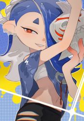 Rule 34 | asymmetrical hair, cephalopod eyes, chest sarashi, colored skin, hair ornament, hand fan, highres, looking at viewer, multicolored skin, nintendo, octoling, octoling player character, p-pepper, pointy ears, pointy hair, poncho, red eyes, sarashi, shiver (splatoon), smile, splatoon (series), splatoon 3, suction cups, tentacle hair