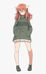 Rule 34 | 1girl, animal ears, buttons, closed mouth, dress, full body, glasses, hands in pockets, looking at viewer, luminous witches, official art, orange eyes, red hair, sheep ears, shimada fumikane, shoes, simple background, solo, standing, sylvie cariello, uniform, world witches series