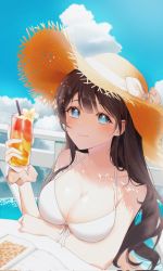 Rule 34 | 1girl, bikini, blue eyes, blue sky, book, breasts, brown hair, cloud, cup, drinking straw, glass, hat, highres, holding, holding cup, long hair, looking at viewer, original, ribbon, sitting, sky, smile, solo, summer, swimsuit, table, upper body, yeoni mon