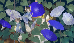 Rule 34 | 2girls, animal, animal ears, animal print, bird print, blue flower, blue kimono, blunt bangs, bob cut, bow, braid, brown eyes, brown hair, cat, clenched hand, day, flower, geta, hair bow, hand up, in tree, japanese clothes, kimono, looking at viewer, mini person, minigirl, morning glory, mouse ears, mouse girl, mouse tail, multiple girls, nature, nekosuke (oxo), obi, original, plant, sash, short hair, sitting, standing, tail, tree, vines, yellow bow, yukata
