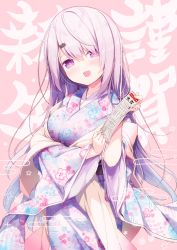 Rule 34 | 1girl, absurdres, blush, commentary, egasumi, floral print, furisode, hair between eyes, hair down, hair ornament, hairclip, haori, happy new year, highres, hisagi (puchimaple), holding, japanese clothes, kimono, long hair, long sleeves, looking at viewer, new year, nijisanji, obi, omikuji, open mouth, pink background, pink hair, red eyes, sash, shiina yuika, simple background, smile, solo, very long hair, virtual youtuber, wide sleeves