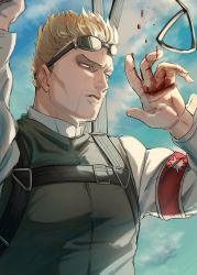 Rule 34 | 1boy, alternate costume, armband, blonde hair, blood, blood on hands, cloud, day, facial hair, goggles, goggles on head, highres, injury, male focus, outdoors, parachute, parted lips, reiner braun, shingeki no kyojin, shirt, short hair, sky, solo, sssida3, undershirt, upper body, weapon, white shirt