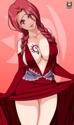 Rule 34 | 1girl, absurdres, bare shoulders, braid, breasts, cleavage, covered erect nipples, crazy eyes, dress, eyebrows, eyelashes, fairy tail, female focus, flare corona, forehead, highres, huge breasts, kyoffie, large breasts, lips, lipstick, looking at viewer, makeup, neck, nipples, pink background, red eyes, red hair, smile, solo, tattoo, thick thighs, thighs