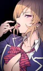 Rule 34 | 1girl, black background, blazer, blonde hair, blue jacket, bow, bowtie, breasts, cheese, cleavage, collarbone, collared shirt, fingernails, food, food in mouth, haoni, highres, jacket, large breasts, long hair, looking at viewer, looking to the side, loose bowtie, nakiri erina, open clothes, open mouth, open shirt, partially unbuttoned, purple eyes, saliva, sexually suggestive, shirt, shokugeki no souma, simple background, solo, striped bow, striped bowtie, striped clothes, teeth, tongue, tongue out, tootsuki saryou ryouri gakuen uniform, upper body, v-shaped eyebrows, white shirt