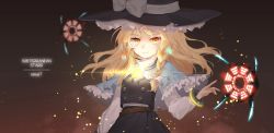 Rule 34 | 1girl, black skirt, blonde hair, bow, braid, buttons, capelet, commentary request, floating hair, hair bow, hajin, hat, hat bow, kirisame marisa, light smile, long hair, long sleeves, looking at viewer, microphone, mini-hakkero, side braid, skirt, skirt set, solo, touhou, vest, white bow, witch hat, yellow eyes