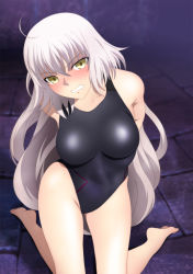 Rule 34 | 1girl, ahoge, arms behind back, bare arms, bare legs, bare shoulders, barefoot, black one-piece swimsuit, blush, breasts, clenched teeth, embarrassed, fate/grand order, fate (series), feet, floor, groin, highres, indoors, jeanne d&#039;arc (fate), jeanne d&#039;arc alter (fate), kneeling, large breasts, legs, long hair, looking at viewer, one-piece swimsuit, shiny clothes, shiny skin, solo, swimsuit, teeth, thighs, toes, white hair, yadokari genpachirou, yellow eyes