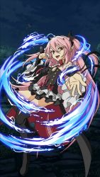 Rule 34 | 10s, 1girl, black dress, black footwear, boots, bow, choker, detached sleeves, dress, fangs, flat chest, hair ornament, highres, krul tepes, long hair, looking at viewer, night, open mouth, outdoors, outstretched arm, owari no seraph, pink hair, pointy ears, red bow, red eyes, short dress, sleeveless, sleeveless dress, solo, thigh boots, thighhighs, tree, twintails, two side up, vampire, very long hair
