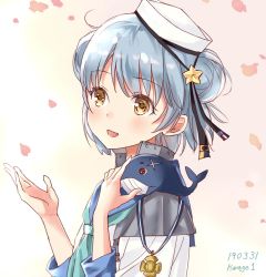 Rule 34 | 1girl, 1other, animal, animal on shoulder, aqua neckwear, artist name, black ribbon, blue hair, blue sailor collar, cherry blossoms, dated, dixie cup hat, double bun, fang, hat, hat ribbon, kantai collection, kurage1, long sleeves, military hat, navy cross, neckerchief, one-hour drawing challenge, open mouth, petals, ribbon, sailor collar, samuel b. roberts (kancolle), school uniform, serafuku, shirt, short hair, sleeve cuffs, smile, upper body, whale, white headwear, white shirt, yellow eyes