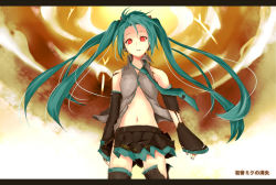 Rule 34 | 1girl, android, aqua hair, bad id, bad pixiv id, cloud, detached sleeves, hatsune miku, hatsune miku no shoushitsu (vocaloid), headphones, letterboxed, long hair, navel, necktie, red eyes, skirt, sky, solo, spring onion, tears, thighhighs, torn clothes, twintails, very long hair, vocaloid, yuuzuki (re&#039;ef)