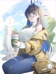 Rule 34 | 1girl, bag, blue eyes, blue hair, breasts, brown coat, clock, coat, cup, dated, denim, disposable cup, glasses, hair intakes, halo, handbag, highres, hololive, hololive english, ika (4801055), jeans, large breasts, long hair, ouro kronii, pants, signature, sitting, virtual youtuber