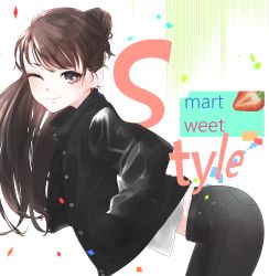 Rule 34 | 1girl, black jacket, black pants, brown eyes, closed mouth, denim, food, from side, fruit, highres, jacket, jeans, leaning forward, long hair, long sleeves, looking at viewer, matsunaga777, midriff, one eye closed, original, pants, ponytail, shirt, smile, solo, strawberry, white background, white shirt