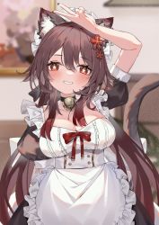 Rule 34 | 1girl, absurdres, alternate costume, animal ear fluff, animal ears, apron, arm at side, arm up, bell, breasts, brown hair, cat ears, cat girl, cat tail, cleavage, enmaided, flower, flower-shaped pupils, frilled apron, frills, genshin impact, grin, hair flower, hair ornament, highres, hu tao (genshin impact), jingle bell, kemonomimi mode, long hair, looking at viewer, maid, maid apron, medium breasts, neck bell, plum blossoms, puffy short sleeves, puffy sleeves, red eyes, red flower, short sleeves, sidelocks, smile, solo, symbol-shaped pupils, tail, twintails, v, white apron, yuia