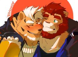 Rule 34 | 2boys, animal ears, arm around shoulder, bara, beard, beer mug, blush, casual, cheek-to-cheek, commission, couple, cup, drunk, facial hair, facial scar, furry, furry male, furry with furry, goatee, green eyes, heads together, highres, lion boy, lion ears, male focus, mature male, mug, multiple boys, original, red hair, scar, scar on cheek, scar on face, short hair, smile, thick eyebrows, tiger boy, tiger ears, tiger stripes, upper body, whowoe, yaoi