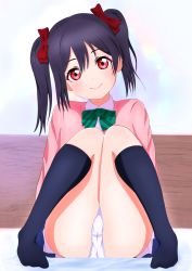 Rule 34 | 1girl, artist name, artist request, black hair, black socks, blush, bow, closed mouth, female focus, hair between eyes, hair bow, highres, looking at viewer, love live!, love live! school idol project, no shoes, panties, red eyes, sitting, smile, socks, solo, twintails, underwear, white panties, yazawa nico