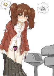 Rule 34 | 1girl, anger vein, black skirt, blush, brown eyes, brown hair, closed mouth, commentary request, highres, japanese clothes, kantai collection, kariginu, long hair, long sleeves, magatama, mahjong, nito (nshtntr), no headwear, nose blush, panties, pleated skirt, purple panties, ryuujou (kancolle), shirt, simple background, skirt, solo, spoken anger vein, spoken squiggle, squiggle, strip game, strip mahjong, twintails, underwear, undressing, wavy mouth, white background, white shirt