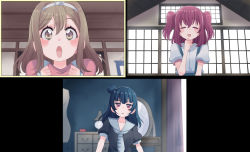 Rule 34 | :o, arms at sides, black shirt, blouse, blue hair, blue neckwear, blush, brown eyes, chest of drawers, commentary, cream (nipakupa), excited, closed eyes, facing viewer, hair bun, hairband, hand on own face, highres, indoors, kunikida hanamaru, kurosawa ruby, light brown hair, looking at viewer, love live!, love live! sunshine!!, mannequin, mirror, overalls, red eyes, red hair, red shirt, sailor collar, shirt, side bun, single hair bun, single side bun, tsushima yoshiko, twintails, video call, white shirt, window