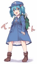 Rule 34 | 1girl, :d, arms at sides, backpack, bag, blue dress, blue eyes, blue hair, blue hat, boots, brown footwear, commentary request, dress, full body, hair bobbles, hair ornament, hat, highres, kawashiro nitori, kizitora hato, long sleeves, open mouth, pocket, short hair, simple background, smile, socks, solo, standing, touhou, two side up, v-shaped eyebrows, white background, white socks, wing collar, wrench