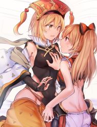 Rule 34 | 2girls, apsaras (granblue fantasy), bad id, bad pixiv id, bare shoulders, black gloves, blonde hair, bloomers, blush, bow, grabbing another&#039;s breast, breasts, bridal gauntlets, detached sleeves, djeeta (granblue fantasy), gloves, grabbing, granblue fantasy, hair bow, hat, medium breasts, mikan-uji, multiple girls, open mouth, ponytail, red eyes, underwear, vira (granblue fantasy), yuri