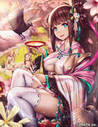 Rule 34 | &gt; &lt;, 3girls, :d, ^ ^, alcohol, animal, arm support, arm up, armlet, bell, between legs, bird, blanket, blue eyes, blunt bangs, blurry, bottle, bracelet, braid, braided hair rings, breasts, bridal garter, brown hair, camellia, center opening, cherry blossoms, chloris garden, choker, choko (cup), cleavage, closed eyes, clothing cutout, company name, covered erect nipples, cup, depth of field, detached sleeves, double bun, drunk, eyebrows, floral print, flower, folding fan, grass, hagoromo, hair bun, hair flower, hair ornament, hair ribbon, hair rings, hanami, hand fan, head tilt, holding, holding fan, in tree, japanese clothes, jewelry, jingle bell, kikumon, kneeling, large breasts, lens flare, light particles, long hair, long sleeves, looking at viewer, maebari, mana (remana), mount fuji, multiple girls, official art, open mouth, outdoors, pasties, pelvic curtain, petals, picnic, pink flower, red flower, revealing clothes, ribbon, ribbon-trimmed thighhighs, ribbon trim, river, riverbank, sakazuki, sake, sake bottle, shade, shawl, sideboob, sidelocks, sitting, sky, sleeveless, smile, solo focus, sparkle, spread fingers, spread legs, spring (season), string, sunlight, symbol-shaped pupils, tabard, tail, tail bell, tail ornament, tassel, thighhighs, tree, tress ribbon, underboob, underboob cutout, water, waterfall, white flower, white legwear, wide sleeves
