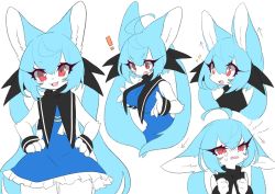Rule 34 | !, 1girl, :3, :d, ahoge, alternate breast size, animal ears, animal nose, bat ears, black bow, blue dress, blush, body fur, bow, breast expansion, breasts, commentary, cowboy shot, crying, dress, english commentary, fang, fangs, fictional persona, flat chest, fox, fox girl, fox tail, furry, furry female, hair between eyes, hair bow, hands on own hips, highres, large breasts, long hair, looking at viewer, mixed-language commentary, multiple views, open mouth, original, red eyes, sbi arki, simple background, sisimaru (sbi arki), smile, snout, sparkle, sparkling eyes, standing, tail, twintails, white background, white fur