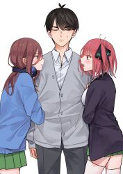 Rule 34 | 1boy, 2girls, antenna hair, black cardigan, black hair, black ribbon, blue cardigan, blunt bangs, blush, breasts, brown hair, butterfly hair ornament, cardigan, closed eyes, closed mouth, collared shirt, cowboy shot, double arm hug, dress shirt, eye contact, from side, girl sandwich, go-toubun no hanayome, grey cardigan, hair between eyes, hair ornament, hair ribbon, headphones, headphones around neck, highres, large breasts, long hair, long sleeves, looking at another, medium breasts, memidesuyo, miniskirt, multiple girls, nakano miku, nakano nino, open mouth, pants, pink hair, pleated skirt, pout, ribbon, sandwiched, shirt, short hair, siblings, simple background, sisters, skirt, sleeves past wrists, sweatdrop, swept bangs, teeth, thighhighs, thighs, uesugi fuutarou, upper teeth only, white shirt