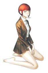 Rule 34 | 1girl, alternate costume, artist name, barefoot, black bow, black ribbon, blazer, blunt bangs, blush, bow, brown jacket, brown skirt, closed mouth, commentary, danganronpa (series), dress shirt, english commentary, expressionless, freckles, full body, green eyes, hands on lap, highres, hotdo15, jacket, kneeling, koizumi mahiru, long sleeves, looking at viewer, looking to the side, neck ribbon, pleated skirt, red hair, ribbon, shirt, short hair, sidelocks, simple background, skirt, solo, twitter username, white background, white shirt