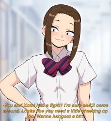Rule 34 | 1girl, blurry, blurry background, bow, bowtie, brown hair, closed mouth, english text, hand on own hip, highres, komi-san wa komyushou desu, looking at viewer, mole, mole under eye, mole under mouth, nudiedoodles, onemine nene, parted bangs, ponytail, shirt, short sleeves, smile, solo, subtitled, upper body, white shirt
