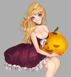 Rule 34 | 1girl, aegyo, bad id, bad twitter id, bare shoulders, blonde hair, blue eyes, breasts, choker, cleavage, dress, frilled dress, frills, grey background, holding, jack-o&#039;-lantern, large breasts, long hair, looking at viewer, original, pumpkin, purple dress, simple background, sitting, smile, solo, strapless, strapless dress