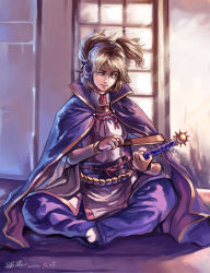 Rule 34 | 1girl, adapted costume, belt, brown eyes, brown hair, cape, female focus, headphones, highres, japanese clothes, jewelry, lleu, pants, ritual baton, rod, scabbard, sheath, sheathed, short hair, solo, sword, touhou, toyosatomimi no miko, weapon