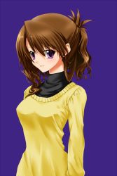Rule 34 | 1girl, blue background, breasts, brown hair, kyougoku touya, looking at viewer, original, purple eyes, simple background, smile, solo