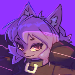Rule 34 | 1girl, animal ears, animal nose, arms up, black collar, black jacket, cat ears, cat girl, chromatic aberration, close-up, collar, commentary, english commentary, eyelashes, fang, fang out, furry, furry female, highres, jacket, long sleeves, looking at viewer, medium hair, messy hair, original, portrait, purple background, purple eyes, purple fur, purple hair, purple theme, short eyebrows, smile, solo, ultra (ultrabondagefairy), ultrabondagefairy