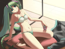 Rule 34 | 1girl, aqua eyes, arm support, artistic error, bad id, bad pixiv id, barefoot, bra, breasts, cleavage, feet, food, green bra, green eyes, green hair, green panties, hatsune miku, highres, ice cream, leaning back, lingerie, long hair, matching hair/eyes, mouth hold, navel, panties, sitting, small breasts, soles, solo, spoon, strapless, strapless bra, striped clothes, striped panties, twintails, underwear, underwear only, very long hair, vocaloid, wariza, white bra, yykuaixian