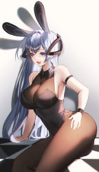 Rule 34 | 1girl, absurdres, animal ears, azur lane, bare arms, bare shoulders, black pantyhose, blue eyes, blue hair, breasts, cleavage, crossed bangs, fake animal ears, hair ornament, highres, large breasts, leotard, long hair, mohaka (m 0haka), new jersey (azur lane), new jersey (exhilarating steps!) (azur lane), official alternate costume, open mouth, pantyhose, playboy bunny, rabbit ears, see-through, see-through cleavage, sitting, sleeveless, smile, solo, thighs
