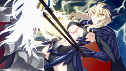 Rule 34 | 1girl, armor, artoria pendragon (all), artoria pendragon (fate), artoria pendragon (lancer alter) (fate), barding, blonde hair, breasts, cape, cleavage, energy, fate/grand order, fate (series), highres, holding, holding weapon, horns, horse, kaina (tsubasakuronikuru), lance, large breasts, long hair, looking at viewer, looking down, navel, parted lips, polearm, riding, saber (fate), saber alter, serious, solo, stomach, underboob, weapon, yellow eyes
