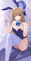Rule 34 | 1girl, :o, absurdres, animal ears, bare shoulders, blonde hair, blue archive, blue bow, blue bowtie, blue eyes, blue hairband, blue halo, blue leotard, blue nails, bow, bowtie, braid, breasts, cleavage, detached collar, double v, fake animal ears, hairband, halo, highleg, highleg leotard, highres, jianjia, leotard, long hair, medium breasts, official alternate costume, official alternate hairstyle, playboy bunny, rabbit ears, sitting, thighhighs, thighs, toki (blue archive), toki (bunny) (blue archive), v, very long hair, white thighhighs, wrist cuffs