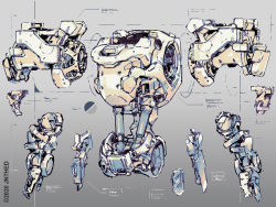 Rule 34 | artist name, blueprint (medium), commentary, cross-section, english commentary, gradient background, highres, jnt, machinery, mecha, monochrome, multiple views, no humans, original, piston, robot, science fiction