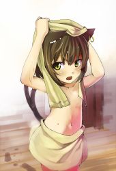 Rule 34 | 1girl, animal ears, arms up, bad id, bad pixiv id, blush, brown hair, cat ears, cat girl, cat tail, chen, earrings, female focus, flat chest, hidebo, jewelry, multiple tails, naked towel, navel, open mouth, short hair, single earring, solo, tail, topless, touhou, towel, wet, yellow eyes
