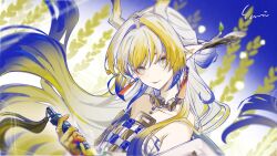 Rule 34 | 1girl, arknights, bare shoulders, blonde hair, blue background, blue eyes, blue hair, branch, collarbone, colored skin, dragon girl, dragon horns, earrings, floating hair, from side, gradient background, grey hair, hair intakes, hair ornament, hair stick, head tilt, highres, holding, holding sword, holding weapon, horns, jacket, jewelry, long bangs, long hair, looking at viewer, multicolored hair, necklace, off shoulder, open clothes, open jacket, pointy ears, red pupils, shirt, shu (arknights), sidelocks, signature, solo, strapless, strapless shirt, streaked hair, sword, tassel, tassel earrings, upper body, very long hair, weapon, white background, white jacket, white shirt, yu li (yuri-spring)