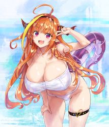 Rule 34 | 1girl, :d, ahoge, ark survival evolved, bikini, braid, breasts, cleavage, commentary request, dragon girl, dragon horns, dragon tail, fang, hairband, highres, hololive, horns, kiryu coco, kiyama satoshi, large breasts, long hair, looking at viewer, open mouth, orange hair, red eyes, smile, solo, swimsuit, tail, thigh strap, v, very long hair, virtual youtuber, white bikini