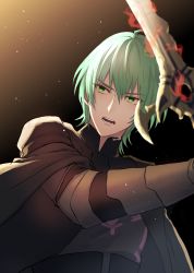 Rule 34 | 1boy, armor, artist name, black background, byleth (fire emblem), byleth (male) (fire emblem), cape, fire emblem, fire emblem: three houses, greaves, green eyes, green hair, heroes relic (fire emblem), highres, holding, holding sword, holding weapon, male focus, medium hair, mnsk57, nintendo, open clothes, simple background, solo, sword, sword of the creator, teeth, upper body, weapon