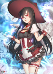 Rule 34 | 1girl, black hair, breasts, bridal garter, cleavage, detached collar, frilled skirt, frills, gloves, hair between eyes, hat, kyjsogom, long hair, looking at viewer, miniskirt, multiple tails, original, red eyes, skirt, solo, tail, thighhighs, very long hair, watermark, web address, white gloves, white thighhighs