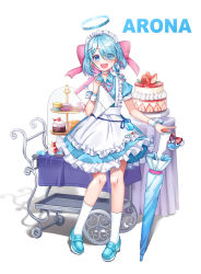 Rule 34 | 1girl, absurdres, alternate costume, apple, apron, arona (blue archive), blue archive, blue eyes, blue hair, blush, bow, cake, character name, choker, cuffs, enmaided, eyes visible through hair, female focus, flat chest, food, fruit, hair bow, halo, highres, macaron, maid, maid apron, maid headdress, mary janes, nalua h, open mouth, pancake, pancake stack, pyroxene (blue archive), shoes, smile, socks, umbrella, white choker