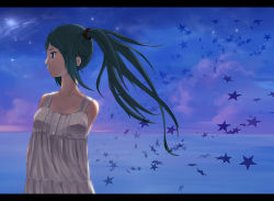 Rule 34 | 1girl, aqua hair, arms behind back, blue eyes, dress, hatsune miku, letterboxed, long hair, mitsunari, night, ocean, profile, sky, solo, star (symbol), twintails, vocaloid, wind