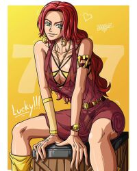 Rule 34 | 1girl, alternate costume, baccarat (one piece), bikini, breasts, dark-skinned female, dark skin, female focus, gold, green eyes, highres, large breasts, midriff, navel, one piece, ornament, red hair, revealing clothes, solo, swimsuit, tattoo, thick thighs, thighs