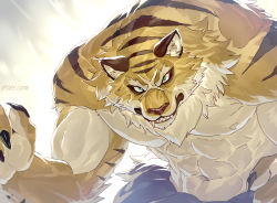 Rule 34 | 1boy, abs, animal ears, bara, biceps, commentary request, cross scar, fingernails, forked eyebrows, frown, furry, furry male, garfiel tinsel, large pectorals, looking at viewer, male focus, muscular, muscular male, navel, no nipples, pectorals, re:zero kara hajimeru isekai seikatsu, scar, scar on face, scar on nose, sharp fingernails, sky (sora no gomibako), solo, stomach, thick eyebrows, tiger boy, tiger ears, topless male, upper body