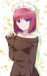 Rule 34 | 1girl, absurdres, azami masurao, blue eyes, brown sweater, collarbone, dress, heart, highres, hisui (tsukihime), long sleeves, looking at viewer, maid headdress, off-shoulder sweater, off shoulder, red hair, short hair, sleeves past wrists, solo, standing, sweater, sweater dress, tsukihime, white background