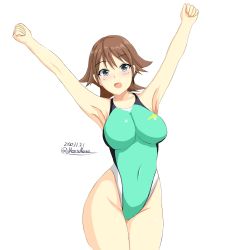 Rule 34 | 1girl, aqua one-piece swimsuit, armpits, arms up, blue eyes, breasts, brown hair, clenched hand, commentary request, competition swimsuit, covered navel, dated, flipped hair, hiei (kancolle), highres, impossible clothes, impossible swimsuit, kantai collection, large breasts, looking at viewer, montemasa, one-hour drawing challenge, one-piece swimsuit, short hair, simple background, solo, swimsuit, twitter username, white background
