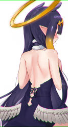 Rule 34 | 1girl, animal ears, back, back focus, backless dress, backless outfit, black dress, blunt bangs, blush, closed mouth, commentary, dress, from behind, fur-trimmed collar, fur trim, halo, hands up, highres, hololive, hololive english, long hair, low wings, multicolored hair, ninomae ina&#039;nis, orange hair, pointy ears, profile, purple hair, ranyu, simple background, solo, symbol-only commentary, tentacle hair, very long hair, virtual youtuber, white background, white wings, wings
