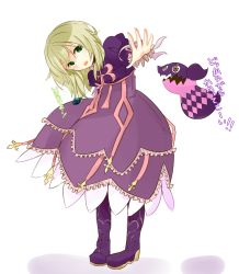 Rule 34 | 1girl, boots, brown hair, dress, elize lutus, frills, green eyes, highres, jewelry, long hair, necklace, open mouth, ribbon, simple background, tales of (series), tales of xillia, teepo (tales)